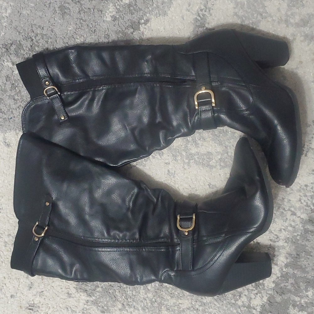 Black faux leather knee high boots